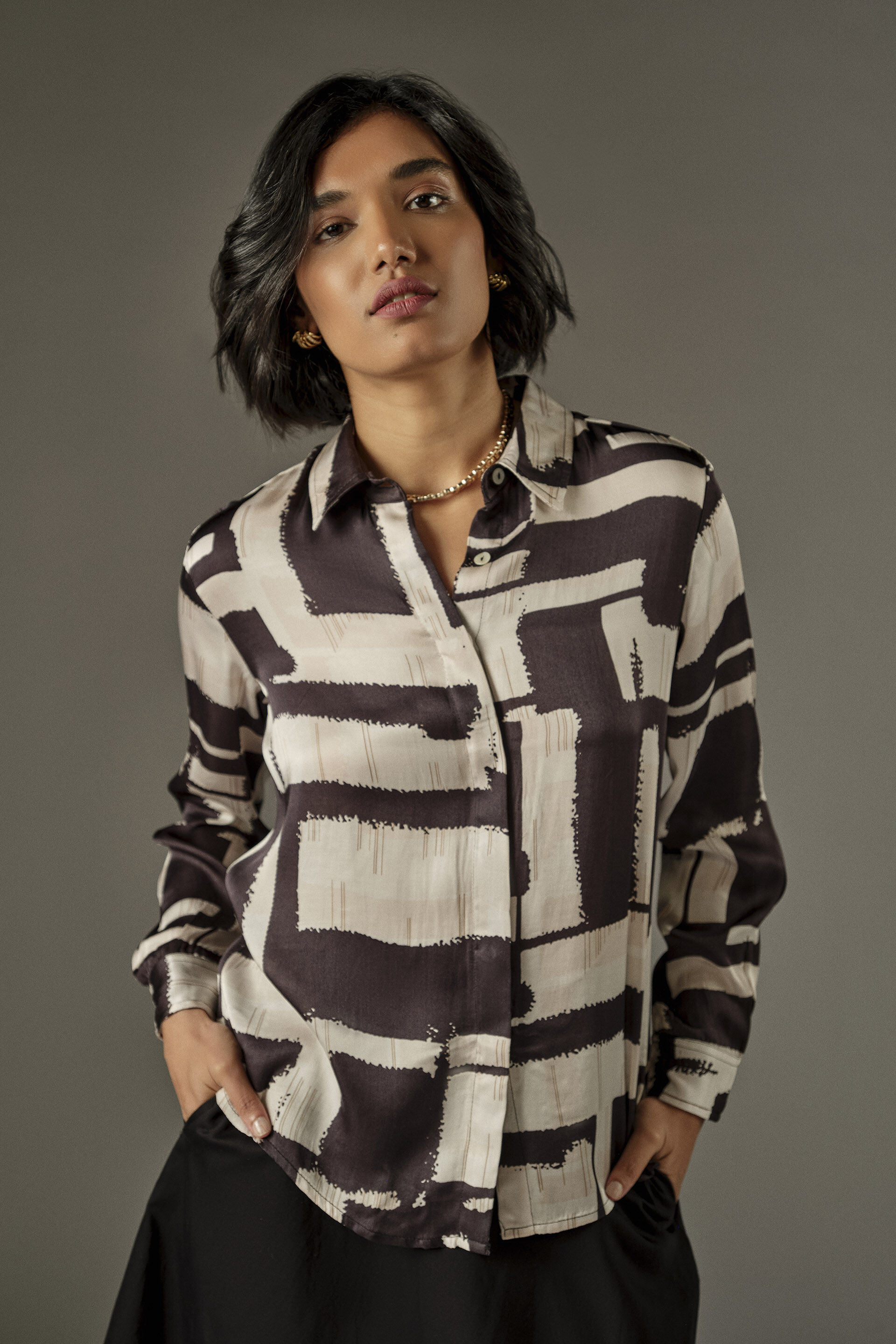Geometric Print Modal Shirt in Cream